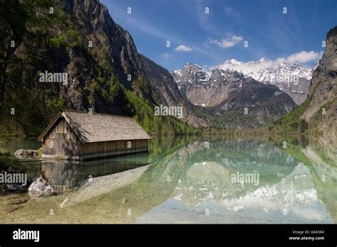 Boathouse In Lake Obersee Near Berchtesgaden In The German Alps Stock