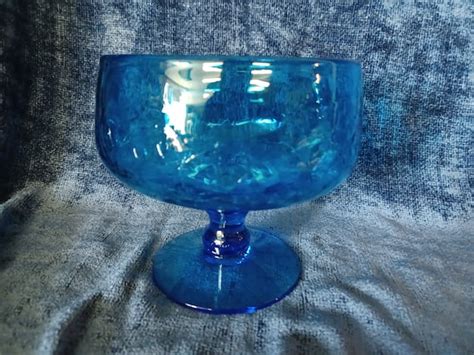 Vintage Blenko Cobalt Blue Crackle Glass Compote Footed Etsy