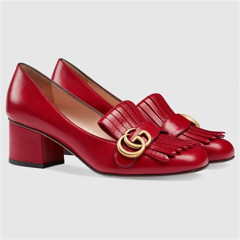 Leather Mid Heel Pump In Hibiscus Red Leather Gucci Womens Pumps
