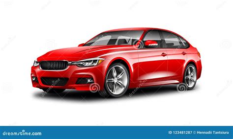 Red Generic Sedan Car On White Background With Isolated Path Stock
