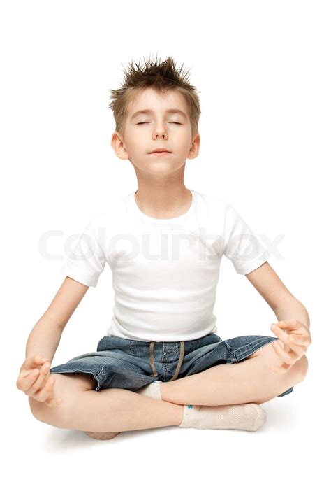 Relaxed Child Practicing Yoga Isolated On White Background Stock