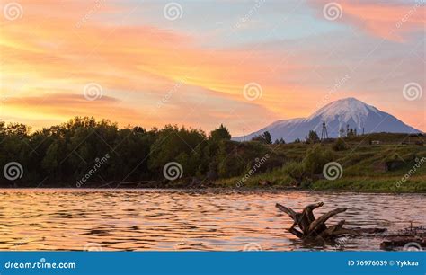 Beautiful Sunrise Over Plosky And Ostry Tolbachik Volcano Stock Image