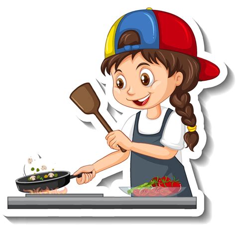 Cartoon Character Sticker With Chef Girl Cooking Vector Art At
