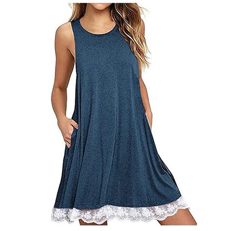 Sexy Blue Sleeveless Lace Splicing Casual T Shirt Dresses With Pockets N16449