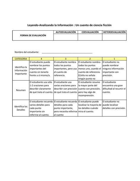 8 Rubrica Para Evaluar Un Cuento Cuentos Ciencia Cogn