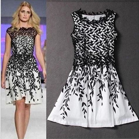 Women&s dress summer dresses Lace stitching leaf print ...