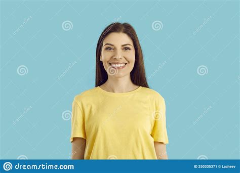 Headshot Of Smiling Young Woman On Blue Background Stock Image Image