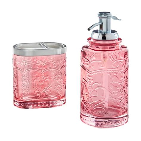 Pioneer Woman Amelia Glass Soap Dispenserandtoothbrush Holder Coral Pink