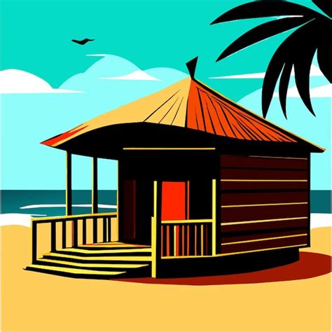 Premium Vector Wooden House On The Beach Vector Illustration