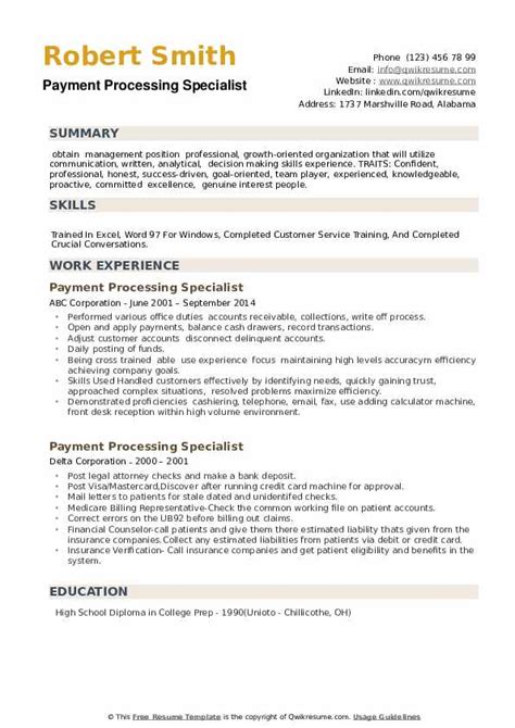 Payment Processing Specialist Resume Samples Qwikresume