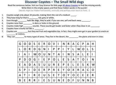 Holiday word search puzzles can be used to help children celebrate holidays in both an educational. Coyotes Free Printables Easy Science Hidden Words Puzzle ...