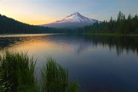 Sunset On Trillium Lake Mount Hood With Reflections On