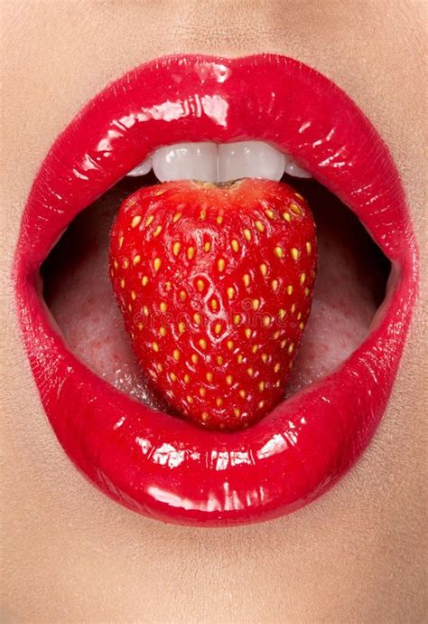 Lips Woman With Red Lipstick And Strawberry Stock Photo Image Of