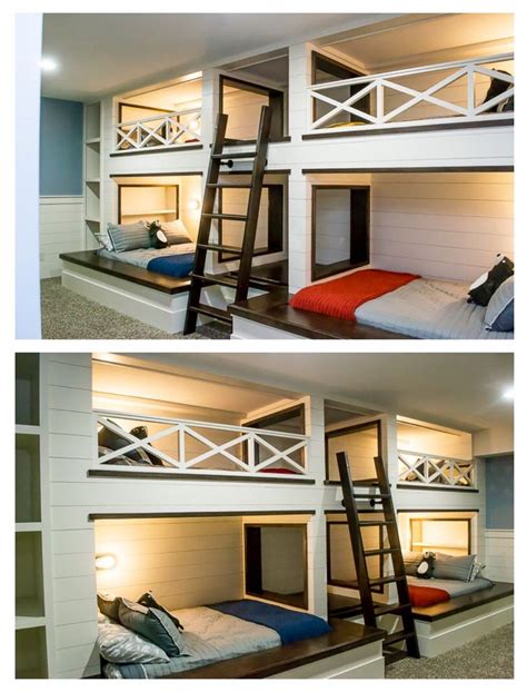 Custom Built Quadruple Bunk Bed With Shiplap Walls Contrasting Dark Stained Accents Bookcases