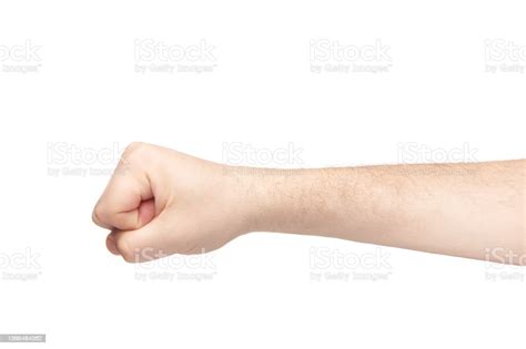 Man Palm Shows Clenched Fist Gesture Brutal Man Hand Isolated On White