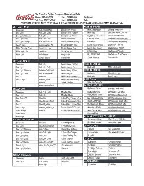Beer Order Form Coca Cola Bottling Company Of International Falls