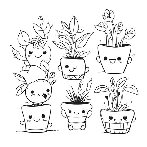 Set Of Cute Plants And Pots Outline Sketch Drawing Vector Cute Plants