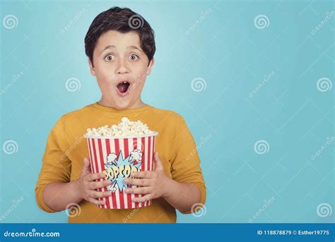 Happy Boy With Popcorn Stock Image Image Of Observe 118878879