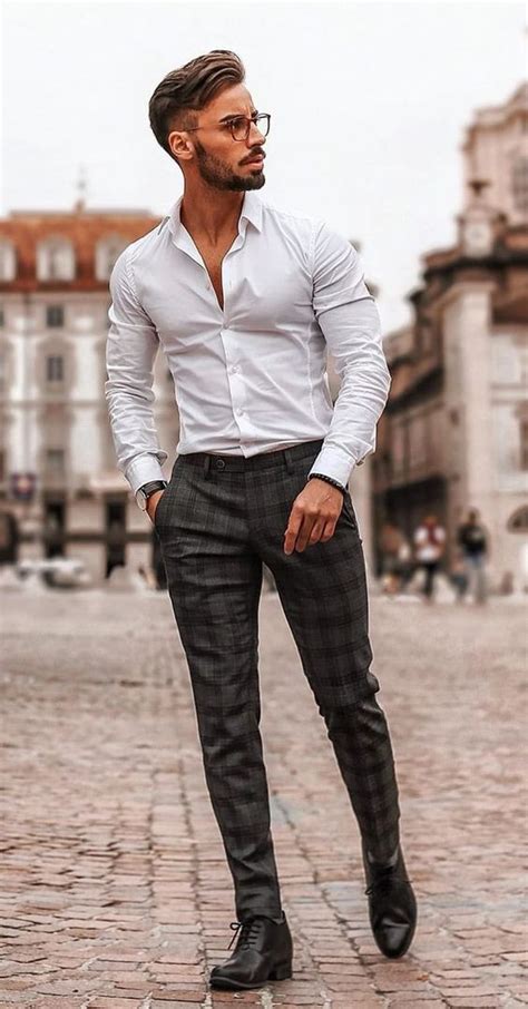 grey formal trouser plaid pants outfit trends with white shirt classic men outfit casual