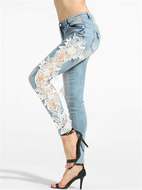 Denim Hollow Out Lace Patchwork Jeans Bottoms Fashion Jeans Womens Fashion Patchwork