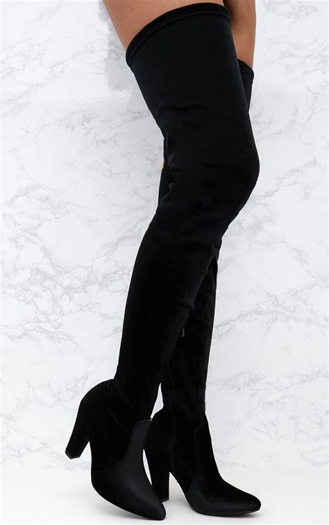 black velvet thigh high heeled boot shoes prettylittlething