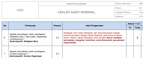 Contoh Cek List Audit Internal Contoh Audit Internal Check List Iso