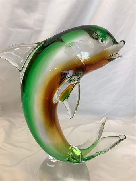 Murano Art Glass Green Dolphin On Clear Perch Etsy