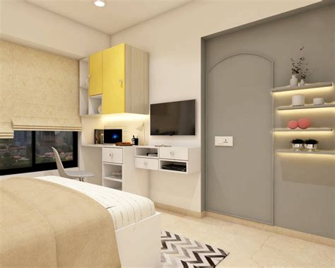 Spacious Modern Style Master Bedroom Design With Yellow Decor Livspace