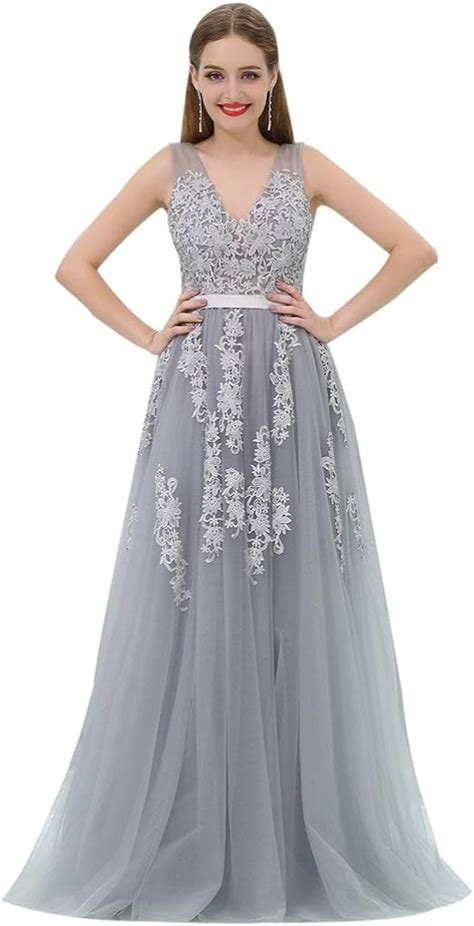 Wellbridal Elegant Grey Prom Dresses Long Appliques Tulle Formal