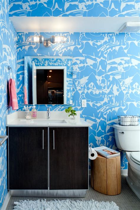 Eclectic Powder Room With Bright Blue Wallpaper Hgtv