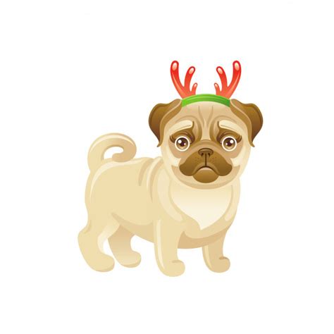 Christmas dog love valentine day couple vector. Cute dog with christmas deer horns decoration. cartoon pug puppy. merry christmas greeting card ...