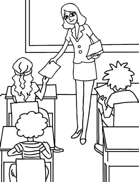 Teacher Distributing A Task To The Students In Classroom Coloring Page