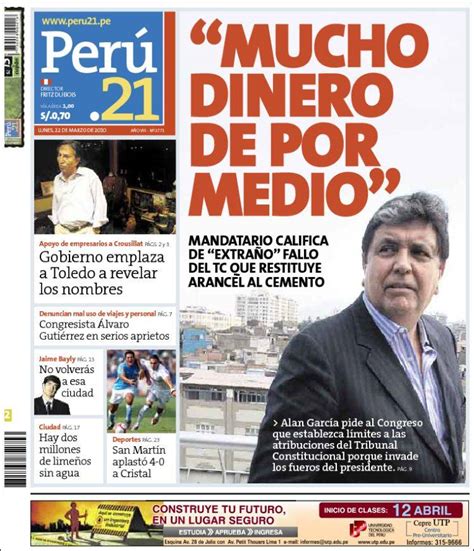 Periódico Perú 21 Perú Periódicos De Perú Edición De Lunes 22 De