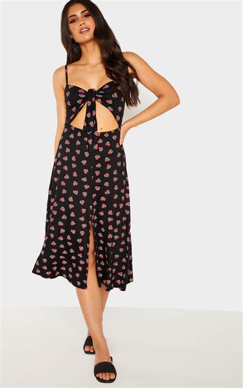 Black Cherry Print Tie Front Strappy Swing Dress Prettylittlething