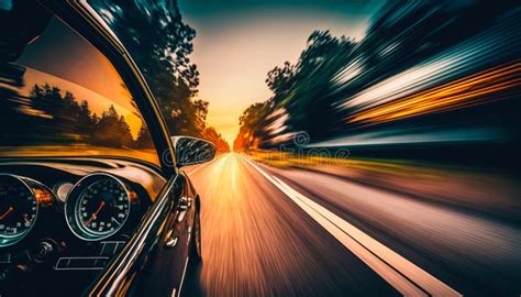 Car Driving Down The Road At Sunset Generative Ai Stock Image Image