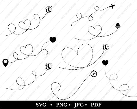 Dotted Line Svg Dashed Line Doodles Set Pin Heart Bee Aeroplane