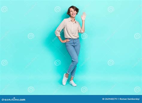 full length photo of optimistic cute lady office assistant wear stylish outfit give hello symbol