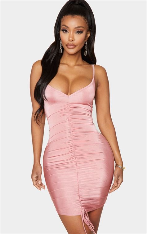 Shape Dusty Pink Slinky Ruched Front Strappy Dress Prettylittlething
