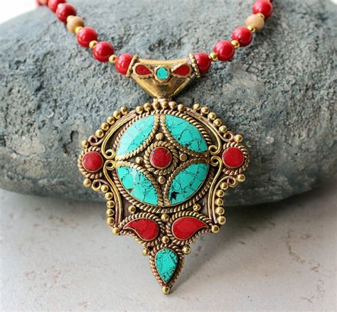 Statement Necklace Nepalese Red Coral Turquoise Necklace Coral