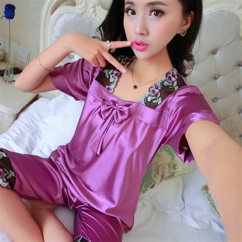 2017 New Brand Summer Silk Sleep Wear Short Sleeve Women Cute Bowknot Silk Pajamas Female Sexy