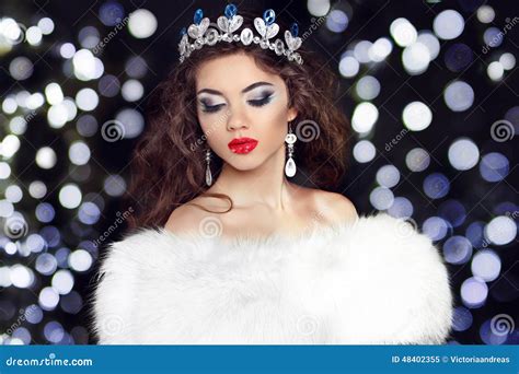 Winter Beauty Fashion Girl Model In Fur Coat Over Boker Christmas