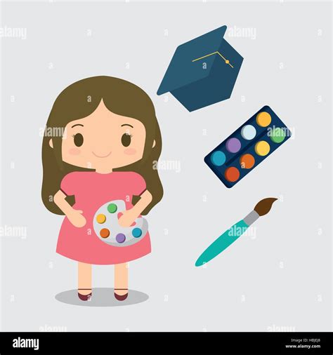 Cartoon Girl Paint Brush Palette Color Cap Graduation Vector