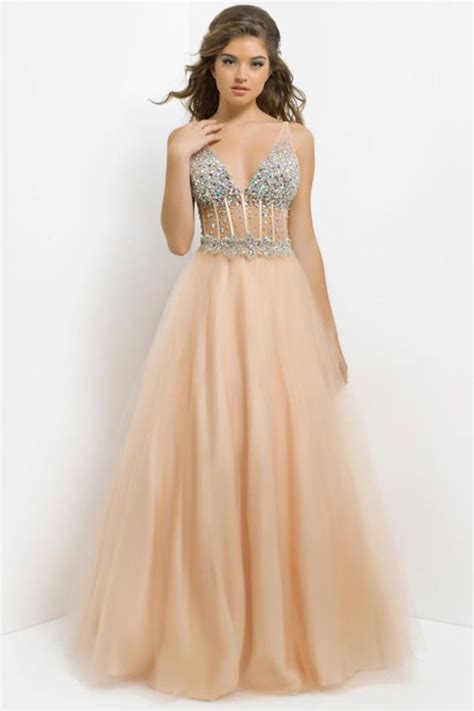 Champagne Floor Length V Neck Organza Mid Back Ball Gown Prom Dress