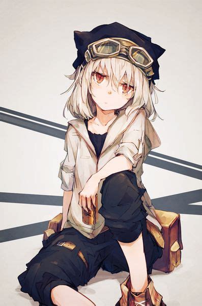 Anime Anime Girl Short White Hair Brown Eyes Red Eyes Goggles Hat