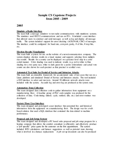 Capstone project template overview this document serves as a template that can be used by nyack college students to help formulate their capstone project for the mba program. Sample Capstone Projects from 2005