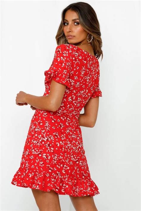 Cutesove Floral Short Sleeve A Line Mini Dress Red Cutesove