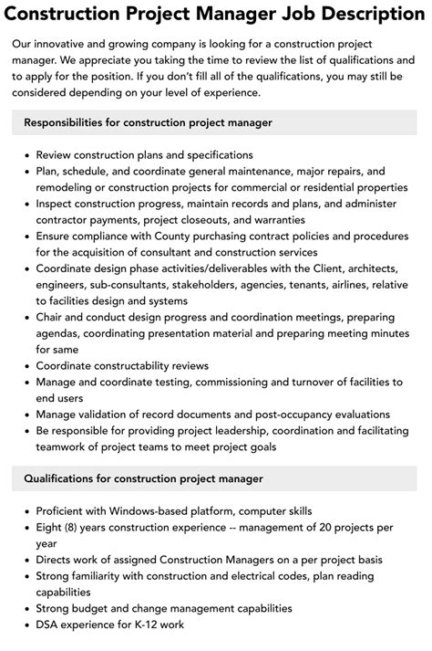 Construction Project Manager Job Description Velvet Jobs