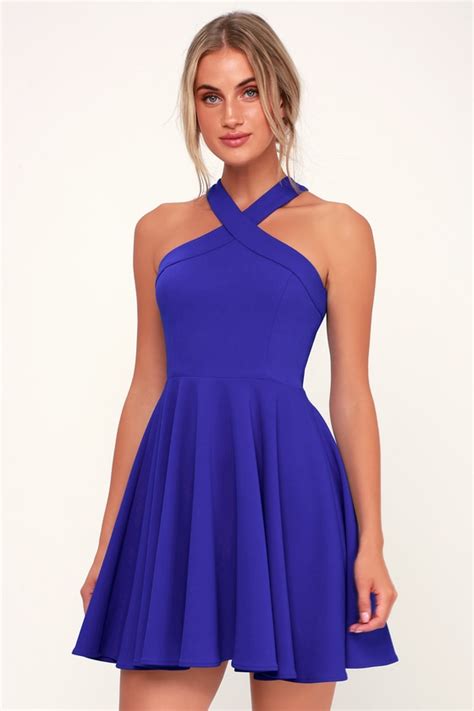 chic royal blue dress skater dress halter dress short dress lulus