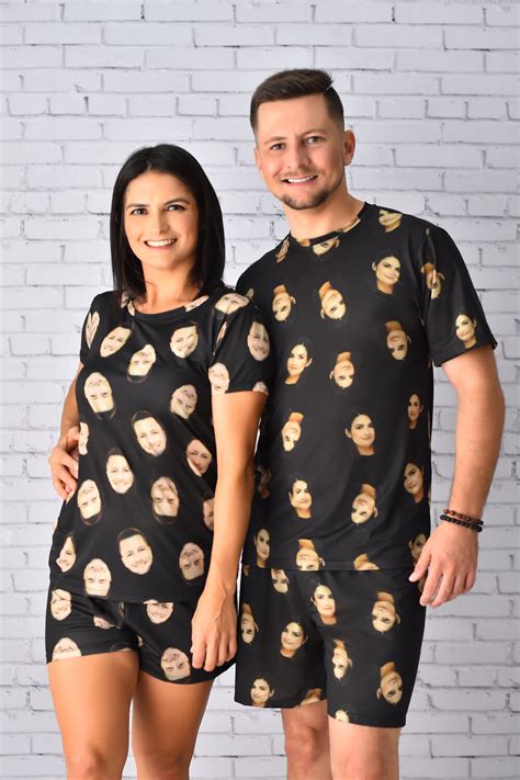 Combo Pijama De Jersey Curto Casal Personalizado Com Foto Preto Lumaré Personalizados