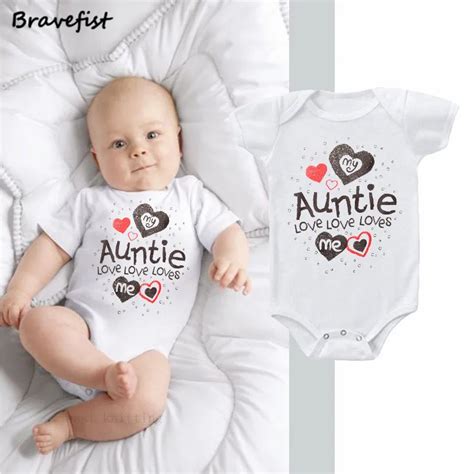 White Newborn Bodysuits My Auntie Loves Me Letters Print Baby Jumpsuits